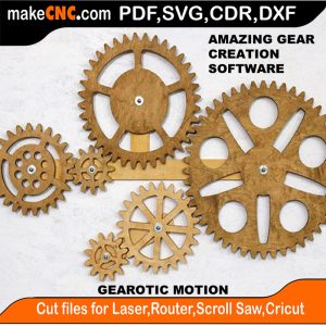 "Screenshot of Gearotic Motion software interface displaying various gear design tools and a complex gear assembly in progress, highlighting its user-friendly design and advanced features."