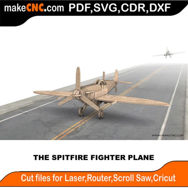 WW II Spitfire Fighter Plane : 3D Puzzle, Laser Cut, Scroll Saw, CNC Router, Template, Pattern DXF, CDR, SVG