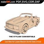 3D puzzle of a stylish convertible sports car, precision laser-cut CNC template