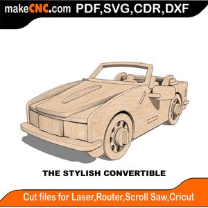 3D puzzle of a stylish convertible sports car, precision laser-cut CNC template