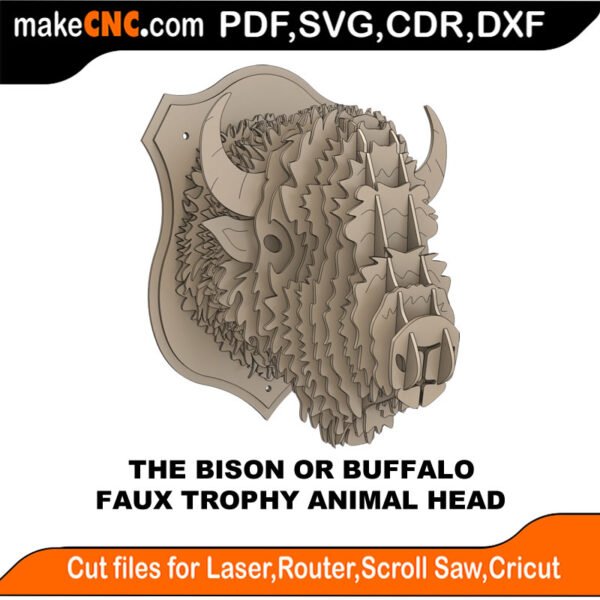 The Trophy Faux Bison Head : 3D Puzzle, Laser Cut, Scroll Saw, CNC Router, Template, Pattern DXF, CDR, SVG