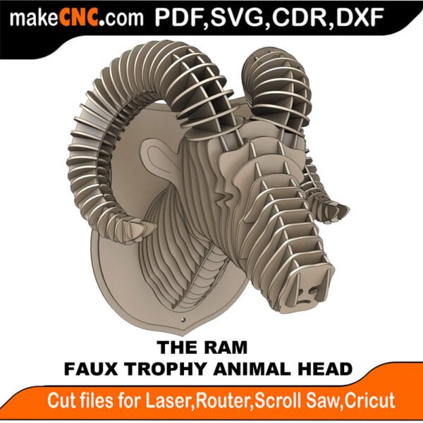 The Trophy Faux Ram Head : 3D Puzzle, Laser Cut, Scroll Saw, CNC Router, Template, Pattern DXF, CDR, SVG