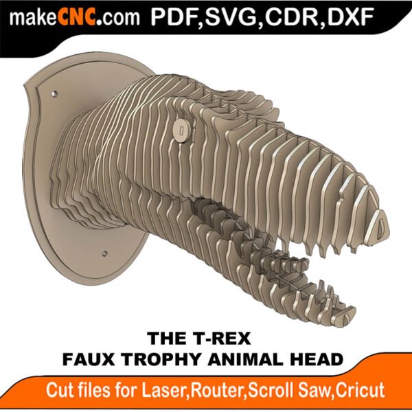 Trophy Faux T-Rex Head : 3D Puzzle, Laser Cut, Scroll Saw, CNC Router, Template, Pattern DXF, CDR, SVG