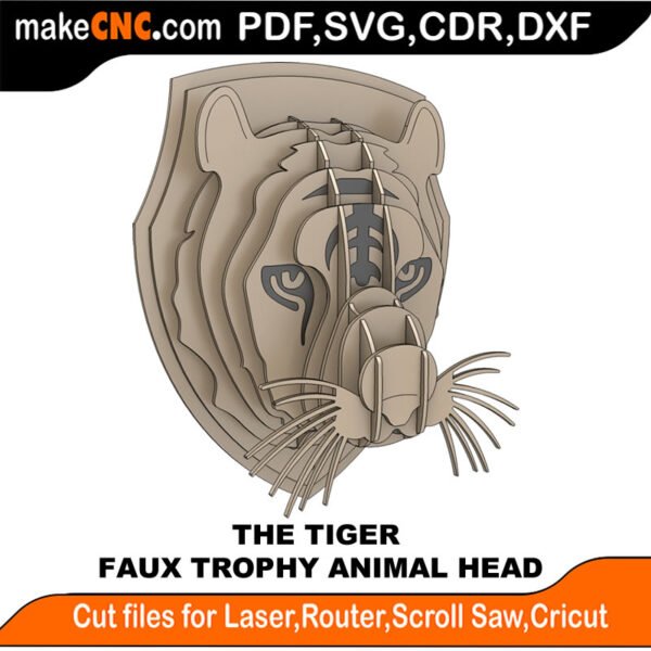 The Trophy Faux Tiger Head : 3D Puzzle, Laser Cut, Scroll Saw, CNC Router, Template, Pattern DXF, CDR, SVG