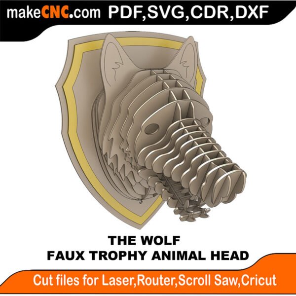The Trophy Faux Wolf Head : 3D Puzzle, Laser Cut, Scroll Saw, CNC Router, Template, Pattern DXF, CDR, SVG