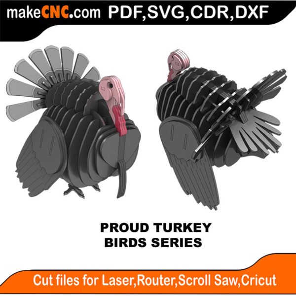 The Proud Turkey - Bird Series : 3D Puzzle, Laser Cut, Scroll Saw, CNC Router, Template, Pattern, DXF, CDR, SVG