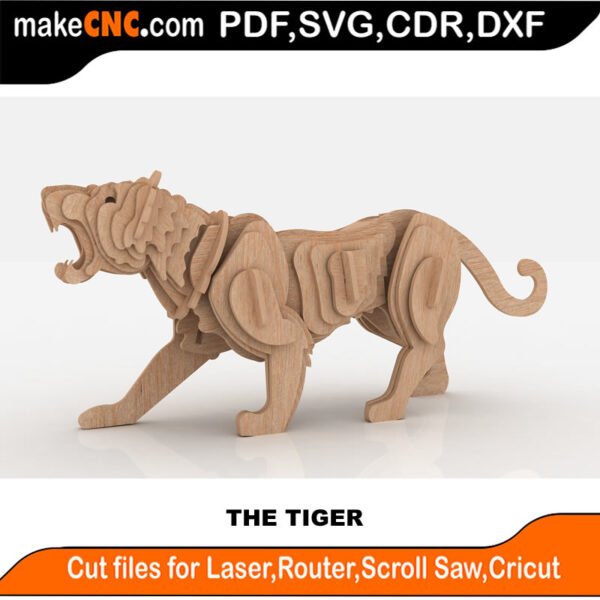 The Tiger : 3D Puzzle, Laser Cut, Scroll Saw, CNC Router, Template, Pattern DXF, CDR, SVG