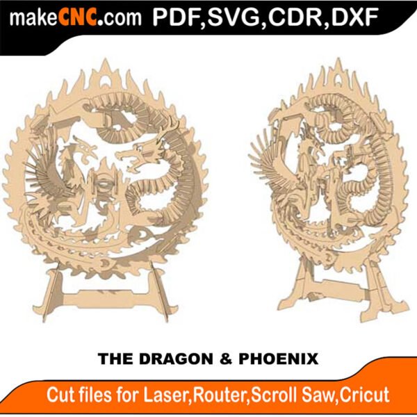 The Dragon and Phoenix : 3D Puzzle, Laser Cut, Scroll Saw, CNC Router, Template, Pattern DXF, CDR, SVG
