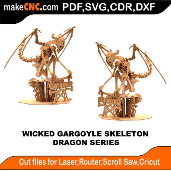 Wicked Gargoyle Skeleton - Halloween Pattern : 3D Puzzle, Laser Cut, Scroll Saw, CNC Router, Template, Pattern, DXF, CDR, SVG