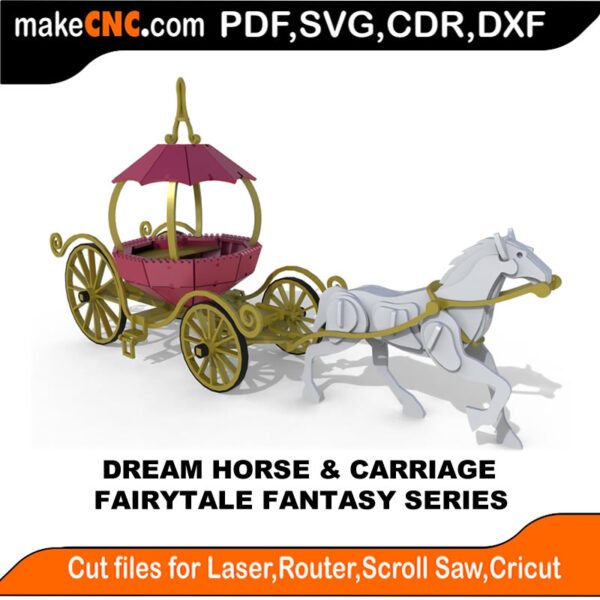 Dream Horse & Carriage - Fairy Tale Fantasy Series : 3D Puzzle, Laser Cut, Scroll Saw, CNC Router, Template, Pattern DXF, CDR, SVG