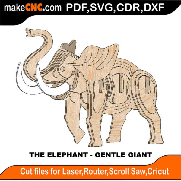 The Elephant - The Gentle Giant : 3D Puzzle, Laser Cut, Scroll Saw, CNC Router, Template, Pattern DXF, CDR, SVG