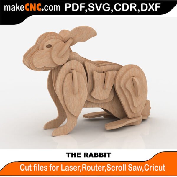 The Rabbit : 3D Puzzle, Laser Cut, Scroll Saw, CNC Router, Template, Pattern DXF, CDR, SVG