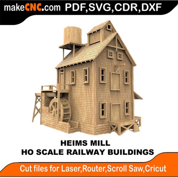 Heims Mill - HO Scale Railway Buildings Series : 3D Puzzle, Laser Cut, Scroll Saw, CNC Router, Template, Pattern, DXF, CDR, SVG