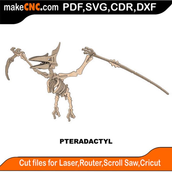 The Pterodactyl "Flying Lizard" - Dino Bones Series : 3D Puzzle, Laser Cut, Scroll Saw, CNC Router, Template, Pattern, DXF, CDR, SVG