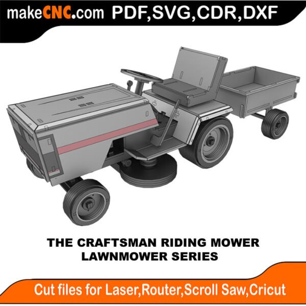 Craftsman Riding Mower & Trailer - Lawnmower Series : 3D Puzzle, Laser Cut, Scroll Saw, CNC Router, Template, Pattern, DXF, CDR, SVG