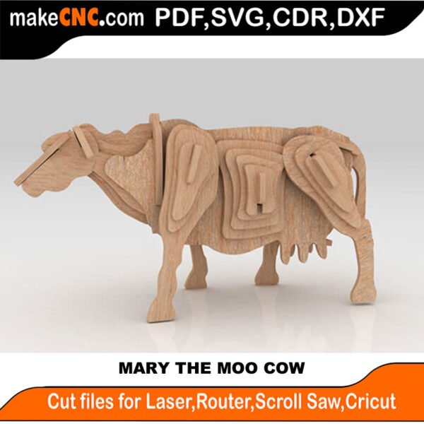Mary the Moo Cow : 3D Puzzle, Laser Cut, Scroll Saw, CNC Router, Template, Pattern DXF, CDR, SVG