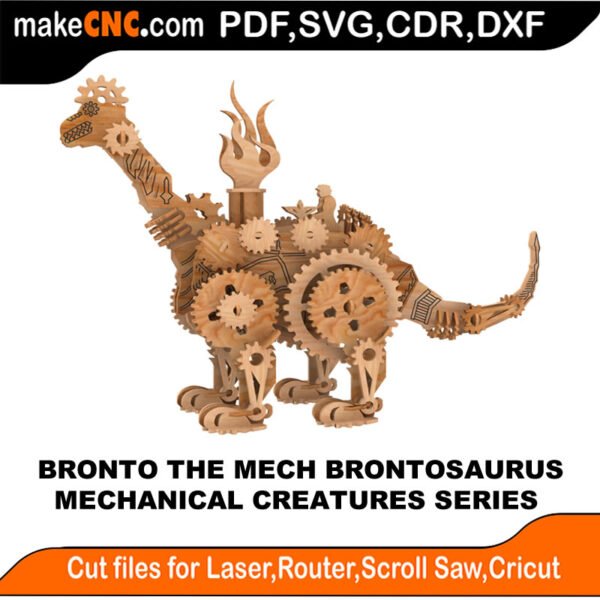 Bronto Mac the Mechanical Brontosaurus : 3D Puzzle, Laser Cut, Scroll Saw, CNC Router, Template, Pattern DXF, CDR, SVG