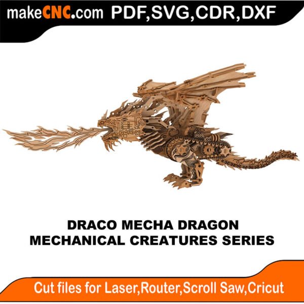 Dracor Mecha the Mechanical Dragon : 3D Puzzle, Laser Cut, Scroll Saw, CNC Router, Template, Pattern DXF, CDR, SVG