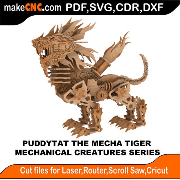 Puddy Tat the Mechanical Tiger : 3D Puzzle, Laser Cut, Scroll Saw, CNC Router, Template, Pattern DXF, CDR, SVG