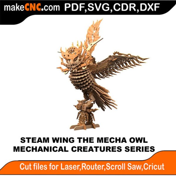 Steam Wing the Mechanical Owl : 3D Puzzle, Laser Cut, Scroll Saw, CNC Router, Template, Pattern DXF, CDR, SVG