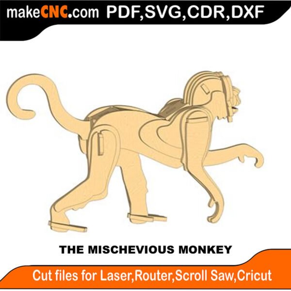 Mischievous Monkey : 3D Puzzle, Laser Cut, Scroll Saw, CNC Router, Template, Pattern DXF, CDR, SVG