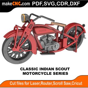 3D puzzle of a Classic Indian Scout Motorcycle, precision laser-cut CNC template