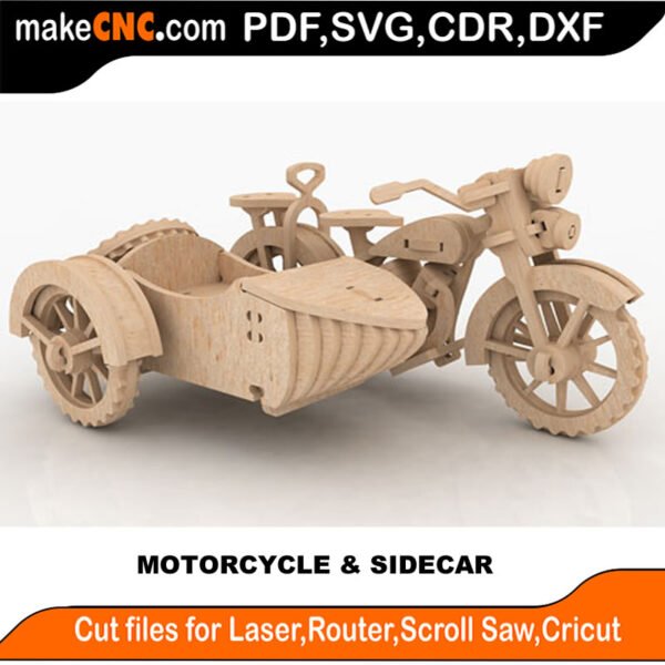 Motorcycle and Sidecar : 3D Puzzle, Laser Cut, Scroll Saw, CNC Router, Template, Pattern DXF, CDR, SVG