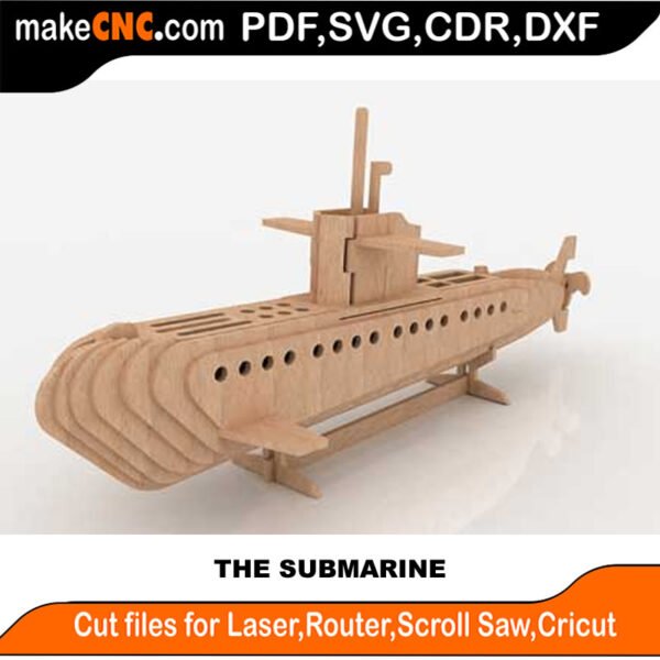 Submarine : 3D Puzzle, Laser Cut, Scroll Saw, CNC Router, Template, Pattern DXF, CDR, SVG
