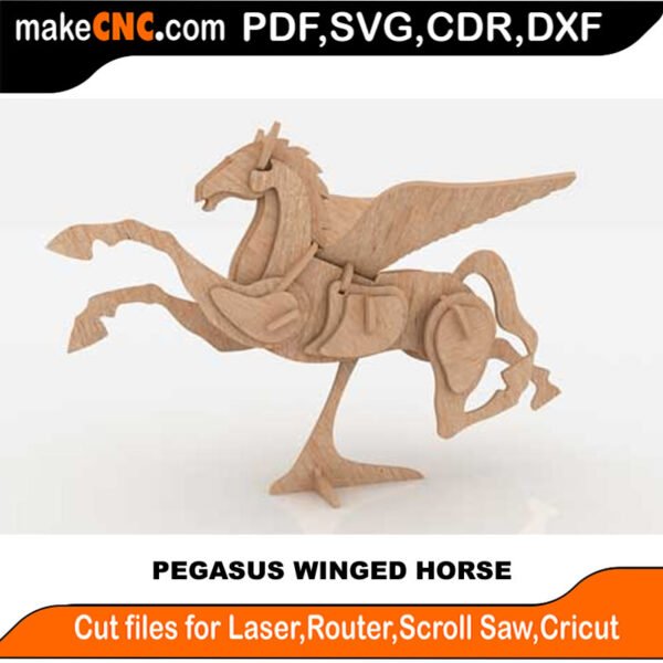 Pegasus, The Winged Horse  : 3D Puzzle, Laser Cut, Scroll Saw, CNC Router, Template, Pattern DXF, CDR, SVG