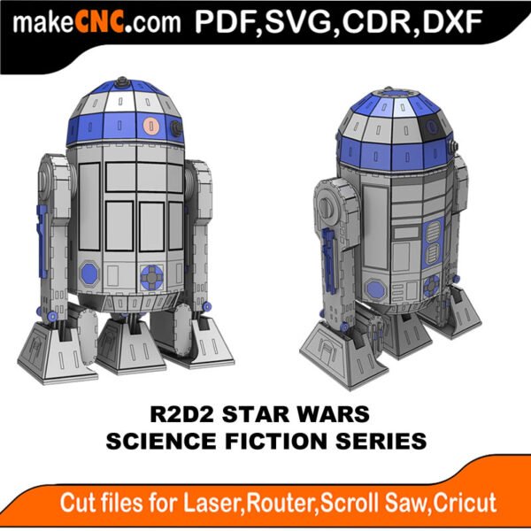 R2D2 - Star Wars Inspired - Science Fiction Series : 3D Puzzle, Laser Cut, Scroll Saw, CNC Router, Template, Pattern DXF, CDR, SVG