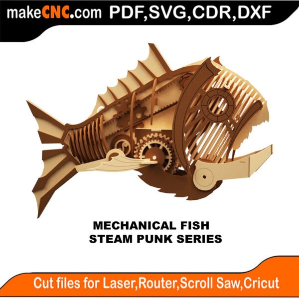 Mechanical Fish - Steampunk Series : 3D Puzzle, Laser Cut, Scroll Saw, CNC Router, Template, Pattern, DXF, CDR, SVG
