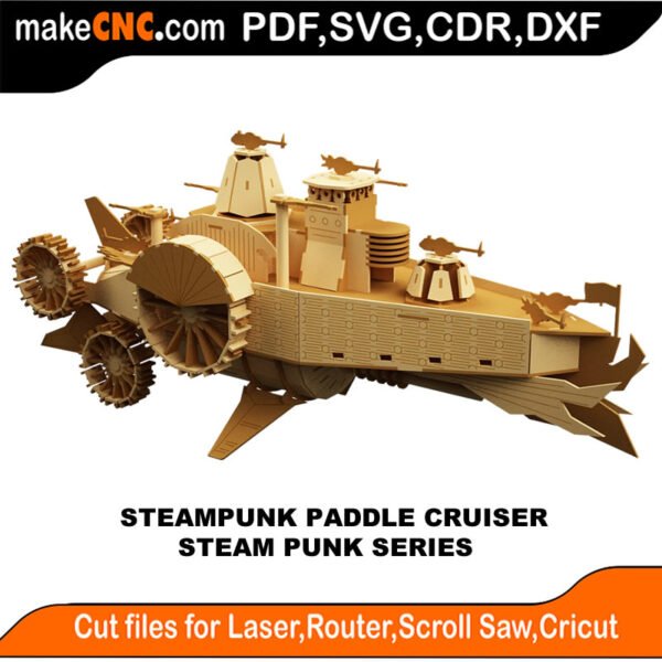Paddle Cruiser - Steampunk Series : 3D Puzzle, Laser Cut, Scroll Saw, CNC Router, Template, Pattern, DXF, CDR, SVG