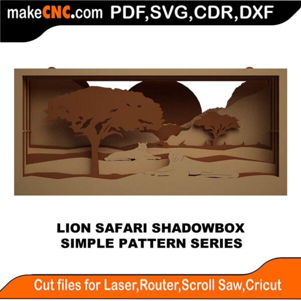 Lion Safari Shadow Box : 3D Puzzle, Laser Cut, Scroll Saw, CNC Router, Template, Pattern DXF, CDR, SVG