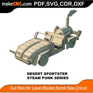 3D puzzle of the Desert Sportster, a high-speed steampunk vehicle, precision laser-cut CNC template