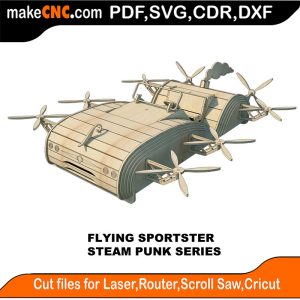 3D puzzle of the Flying Sportster, a steampunk-inspired aerial vehicle, precision laser-cut CNC template