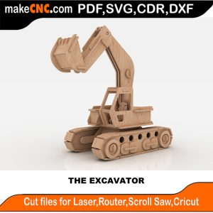 3D puzzle of an excavator, precision laser-cut CNC template
