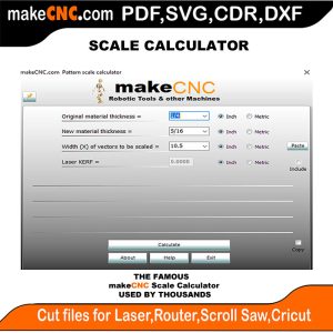 "Screenshot of makeCNC Pattern Scale Calculator interface, displaying input fields for material thickness and scaling options."