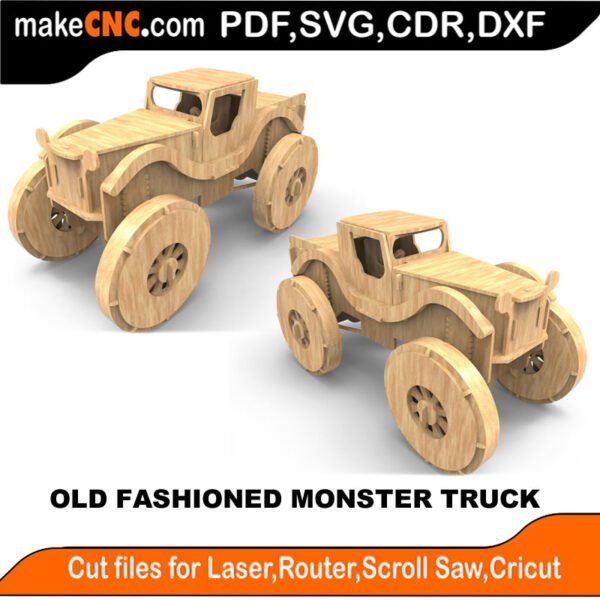 Old Fashioned Monster Truck : 3D Puzzle, Laser Cut, Scroll Saw, CNC Router, Template, Pattern, DXF, CDR, SVG