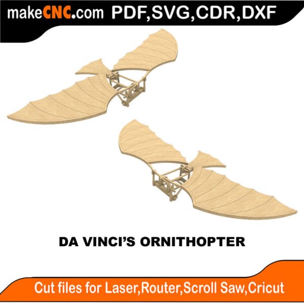 Da Vinci's Ornithopter : 3D Puzzle, Laser Cut, Scroll Saw, CNC Router, Template, Pattern, DXF, CDR, SVG