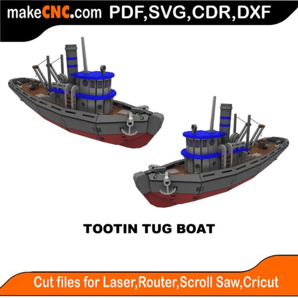 Tootin Tug Boat : 3D Puzzle, Laser Cut, Scroll Saw, CNC Router, Template, Pattern, DXF, CDR, SVG