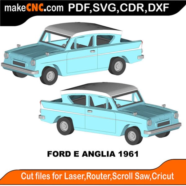 Ford E Anglia 1961 : 3D Puzzle, Laser Cut, Scroll Saw, CNC Router, Template, Pattern, DXF, CDR, SVG