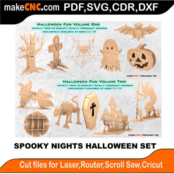 Spooky Nights Halloween Set : 3D Puzzle, Laser Cut, Scroll Saw, CNC Router, Template, Pattern, DXF, CDR, SVG