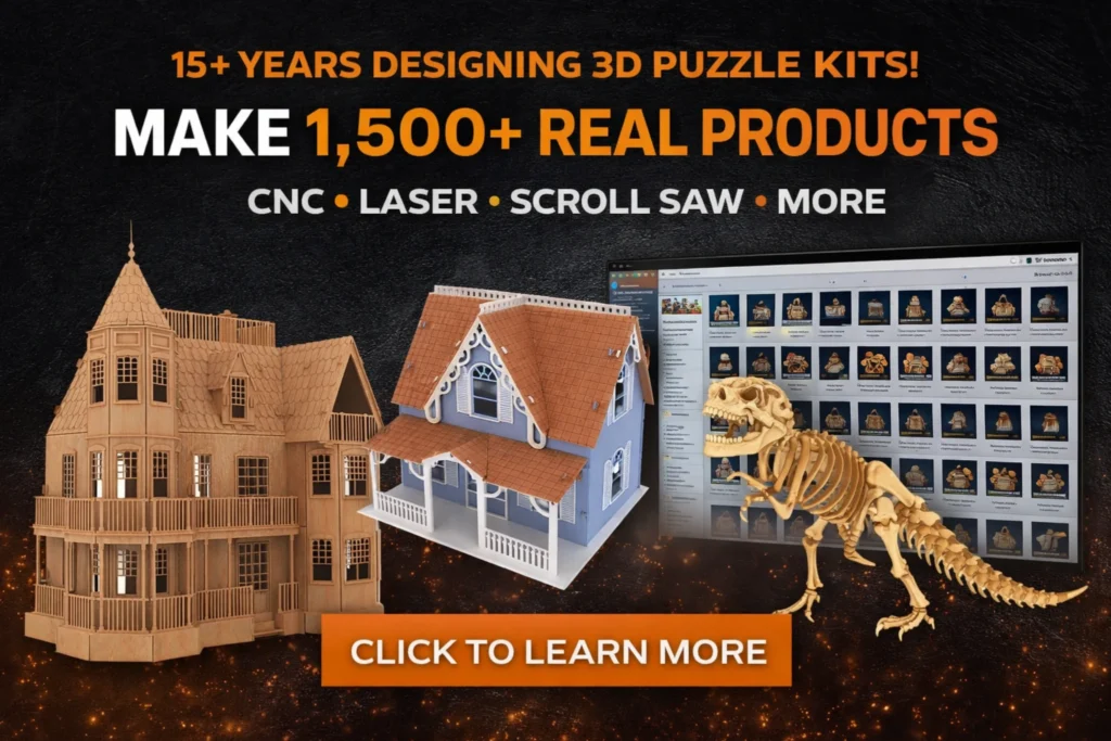 MakeCNC 3D puzzle kits showing wooden dollhouses, dinosaur skeleton model, and Pattern Wizard catalog for CNC, laser, and scroll saw