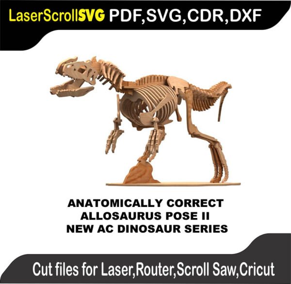 Allosaurus Dinosaur Anatomically Correct Pose II : 3D Puzzle, Laser Cut, Scroll Saw, CNC Router, Template, Pattern DXF, CDR, SVG