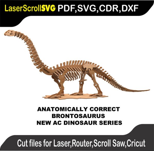 Brontosaurus Dinosaur Anatomically Correct : 3D Puzzle, Laser Cut, Scroll Saw, CNC Router, Template, Pattern DXF, CDR, SVG