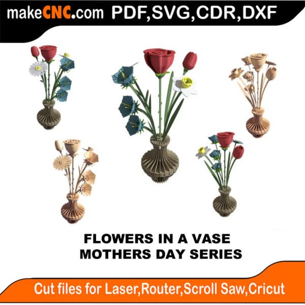 Flowers in a Vase Mothers Day MakeCNC SVG DXF PDF CDR 3D puzzle pattern product image