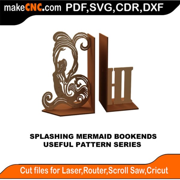 SimpleP Splashing Mermaid Bookends MakeCNC SVG DXF PDF CDR 3D puzzle pattern product image