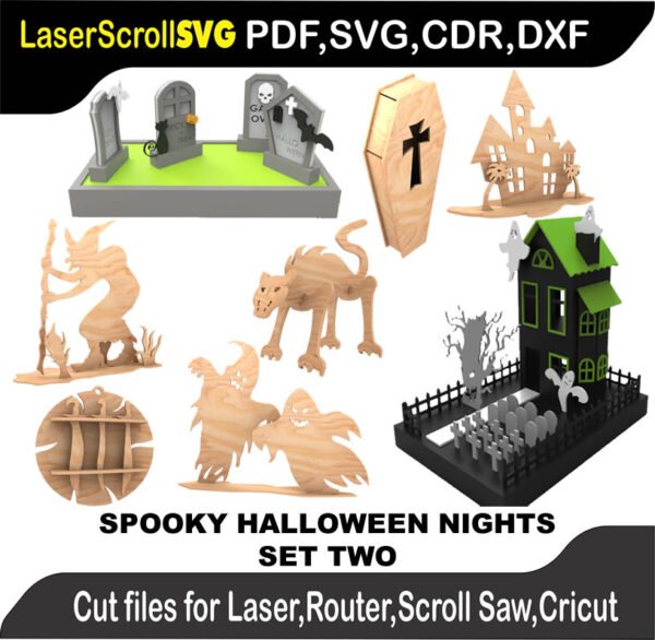 Spooky Halloween Nights Set Two : 3D Puzzle, Laser Cut, Scroll Saw, CNC Router, Template, Pattern DXF, CDR, SVG