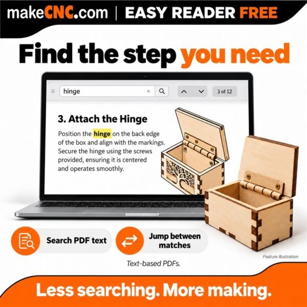 Easy Reader Free searches a text-based PDF assembly guide and navigates matching pages — feature illustration